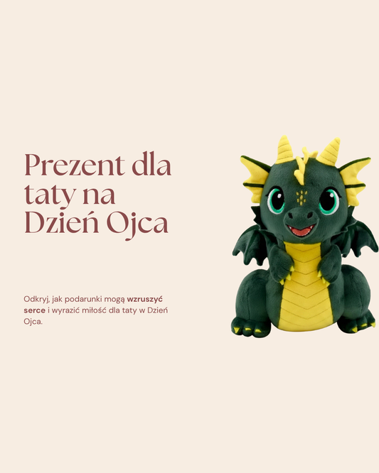 Pluszowy smok Fortis z PrzytulBox — symboliczny prezent dla taty na Dzień Ojca, pudełko prezentowe z dedykacją na odwagę.