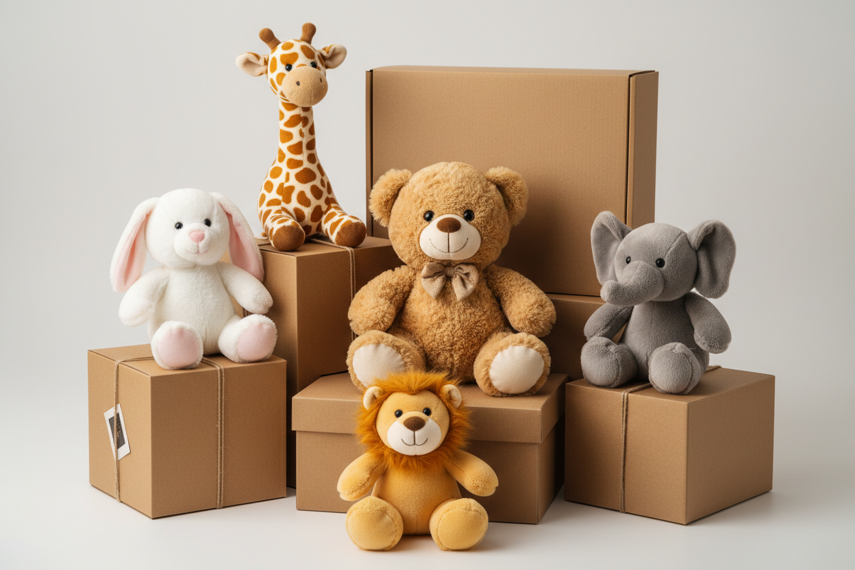 five plush animal toys on boxes