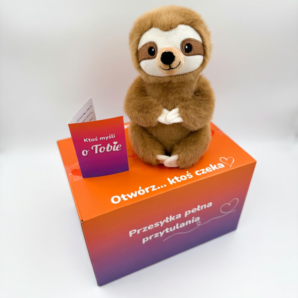 Leniwiec Zen w pudełku PrzytulBox – gotowy ciepły prezent z przesłaniem spokoju i pozwolenia na odpoczynek.