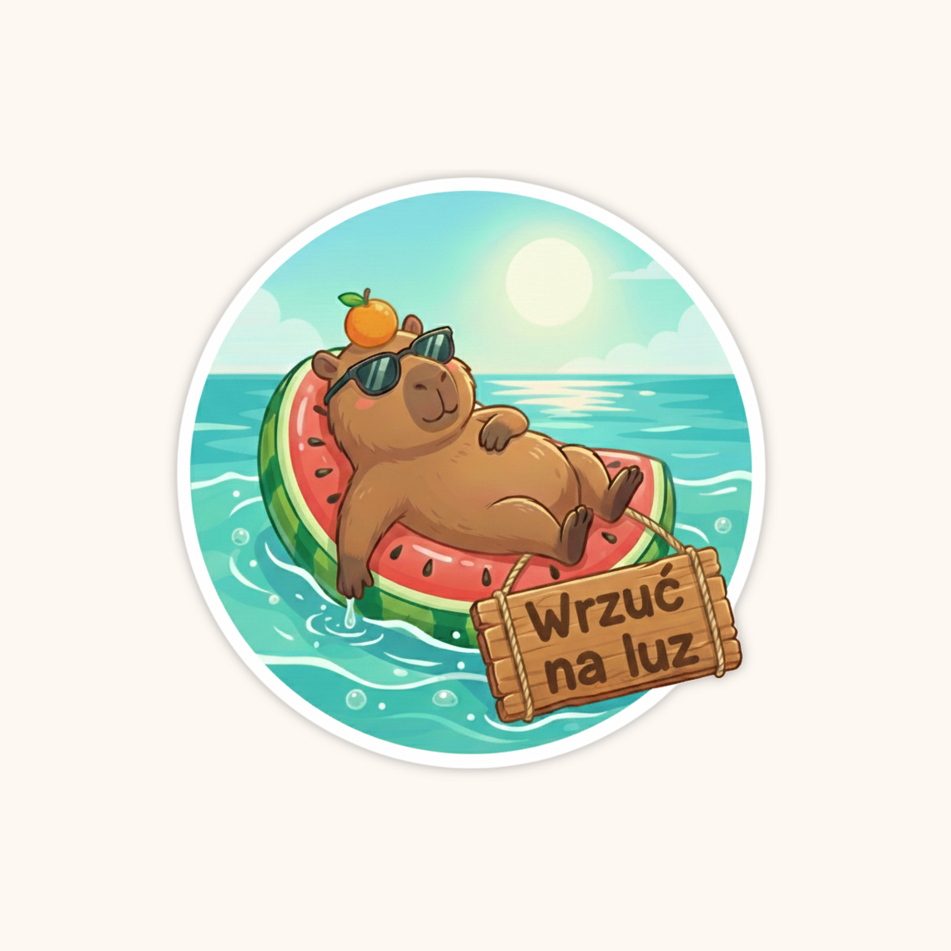 Naklejka winylowa Kapibara Koko na telefon – zrelaksowana kapibara z napisem Wrzuć na luz, wodoodporna wlepka antystresowa PrzytulBox.