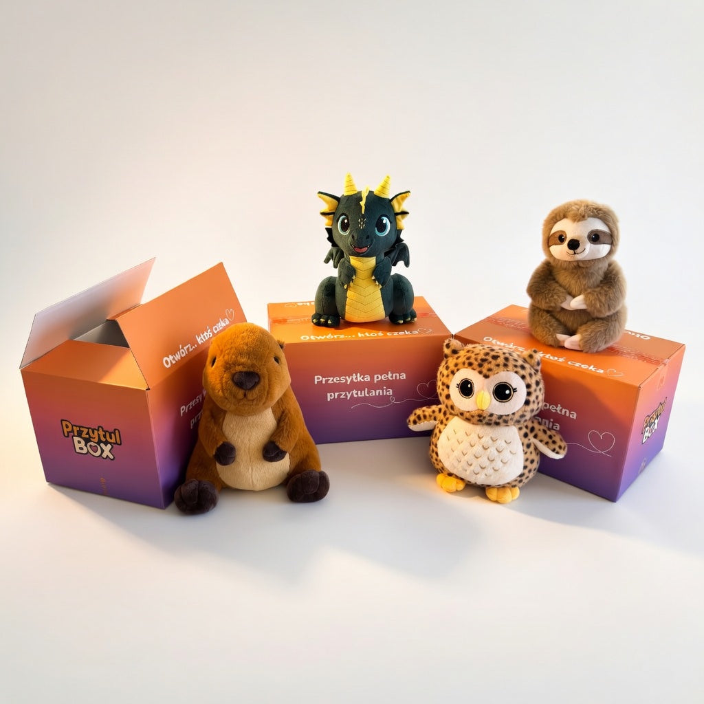 Pluszowe bohaterowie PrzytulBox w pudełkach prezentowych – kolekcja maskotek emocji