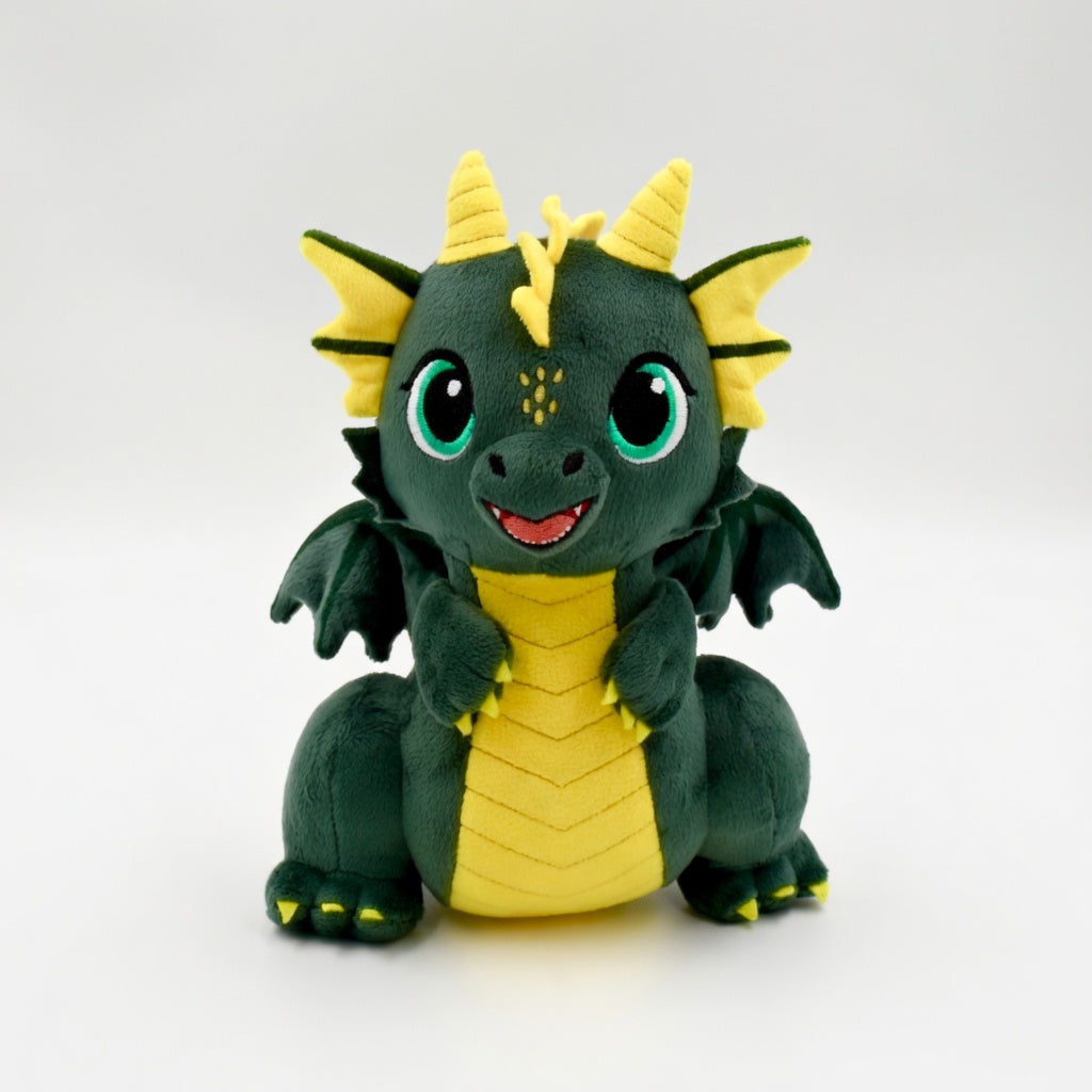 Smok Fortis – pluszowy bohater na odwagę. Miękki zielono-żółty smok siedzący, idealny towarzysz na trudne chwile i budowanie pewności siebie.
