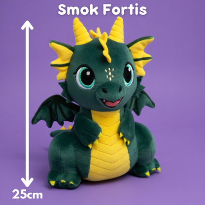 Smok Fortis – rozmiar pluszaka 25 cm. Porównanie wysokości maskotki, idealny do przytulania.